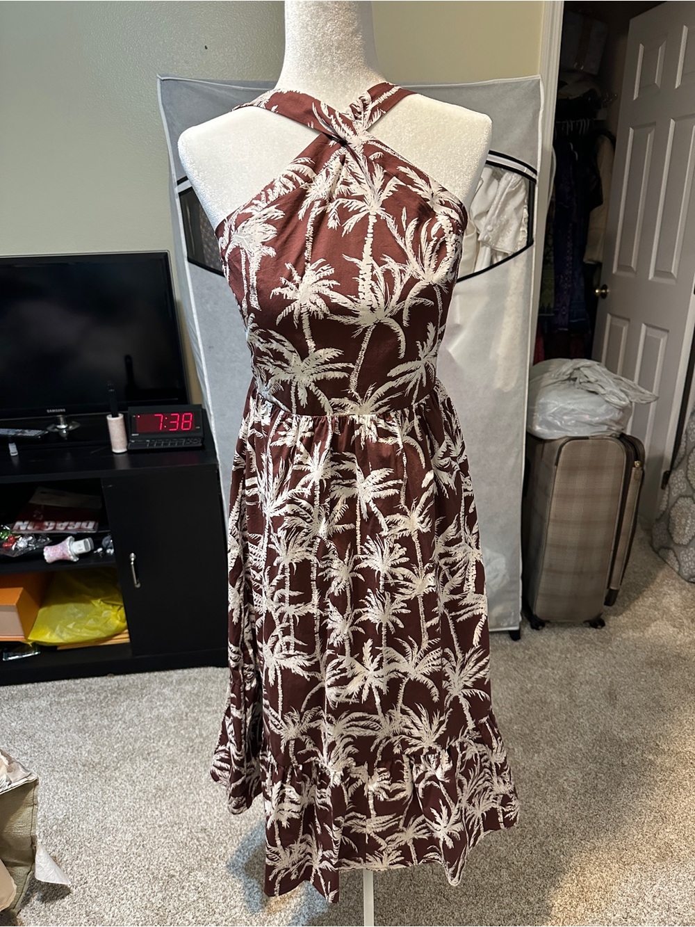 Express Women’s Brown Palm-Print Halter Dress